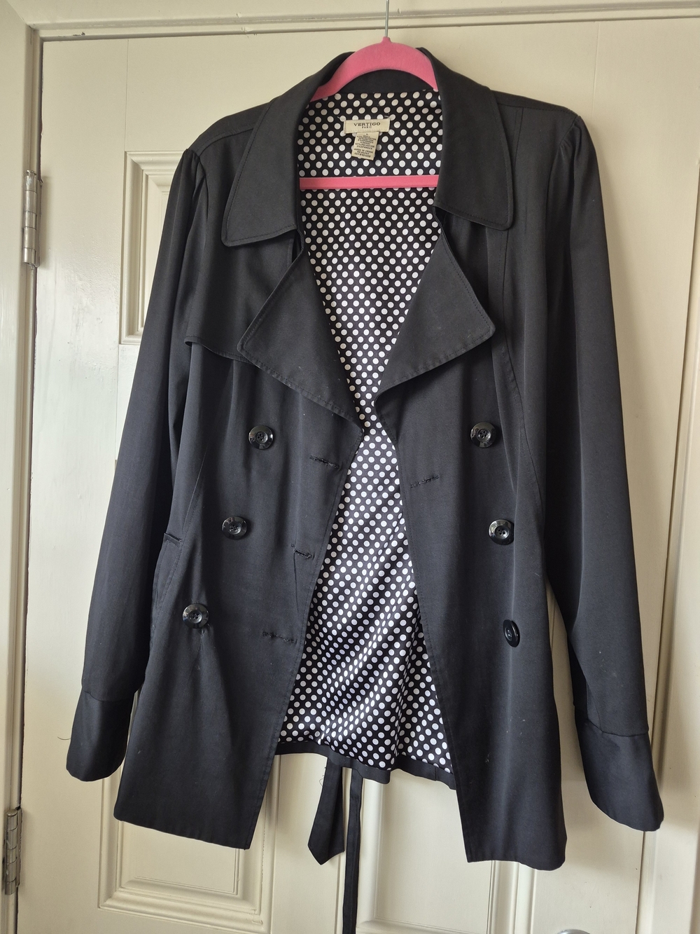 Vertigo Paris Black Double-Breasted Trench Coat  Polka Dot Lining L
